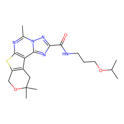 5,10,10-trimethyl-N-[3-(propan-2-yloxy)propyl]-10,11-dihydro-8H-pyrano[4',3':4,5]thieno[3,2-e][1,2,4]triazolo[1,5-c]pyrimidine-2-carboxamide structure