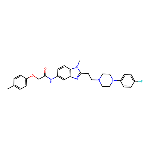N-(2-(2-(4-(4-fluorophenyl)piperazin-1-yl)ethyl)-1-methyl-1H-benzo[d]imidazol-5-yl)-2-(p-tolyloxy)acetamide structure