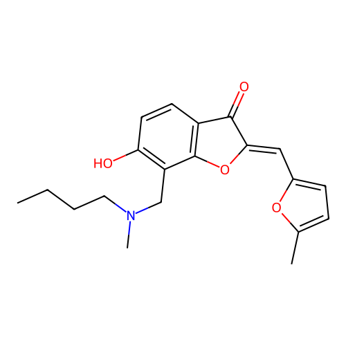 (Z)-7-((butyl(methyl)amino)methyl)-6-hydroxy-2-((5-methylfuran-2-yl)methylene)benzofuran-3(2H)-one structure