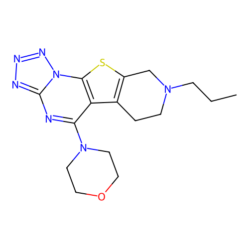 4-(8-propyl-6,7,8,9-tetrahydropyrido[4',3':4,5]thieno[3,2-e]tetrazolo[1,5-a]pyrimidin-5-yl)morpholine structure