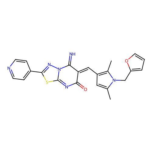 (Z)-6-((1-(furan-2-ylmethyl)-2,5-dimethyl-1H-pyrrol-3-yl)methylene)-5-imino-2-(pyridin-4-yl)-5H-[1,3,4]thiadiazolo[3,2-a]pyrimidin-7(6H)-one structure