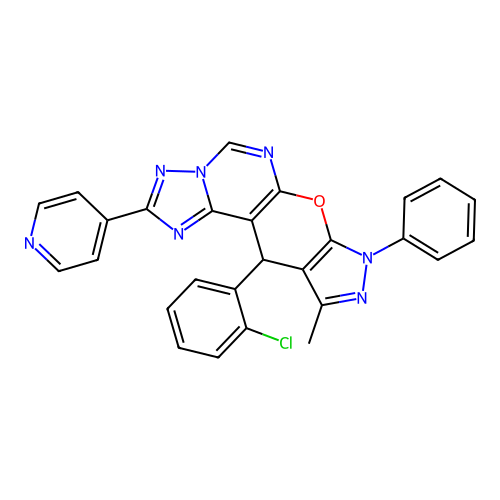 11-(2-chlorophenyl)-10-methyl-8-phenyl-2-(pyridin-4-yl)-8,11-dihydropyrazolo[4',3':5,6]pyrano[3,2-e][1,2,4]triazolo[1,5-c]pyrimidine structure