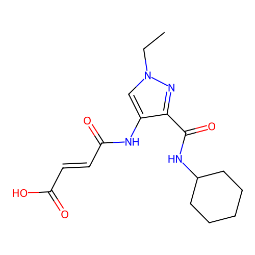 (2E)-3-{N-[3-(N-cyclohexylcarbamoyl)-1-ethylpyrazol-4-yl]carbamoyl}prop-2-enoi c acid structure