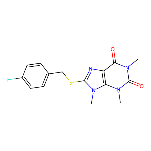 8-[(4-Fluorophenyl)methylsulfanyl]-1,3,9-trimethylpurine-2,6-dione structure