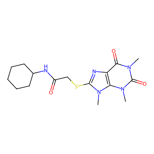 N-cyclohexyl-2-(1,3,9-trimethyl-2,6-dioxopurin-8-yl)sulfanylacetamide structure