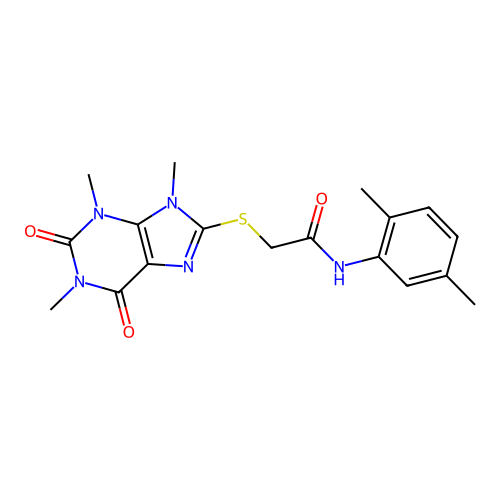 N-(2,5-dimethylphenyl)-2-(1,3,9-trimethyl-2,6-dioxopurin-8-yl)sulfanylacetamide structure