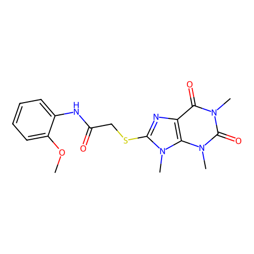 N-(2-methoxyphenyl)-2-(1,3,9-trimethyl-2,6-dioxopurin-8-yl)sulfanylacetamide structure