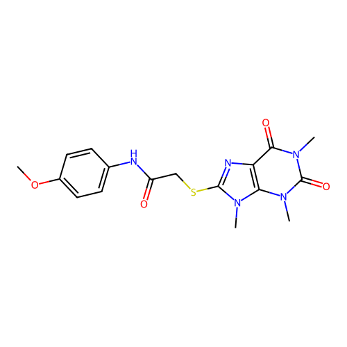 N-(4-methoxyphenyl)-2-(1,3,9-trimethyl-2,6-dioxopurin-8-yl)sulfanylacetamide structure