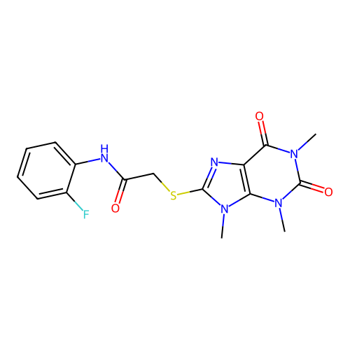 N-(2-fluorophenyl)-2-(1,3,9-trimethyl-2,6-dioxopurin-8-yl)sulfanylacetamide structure