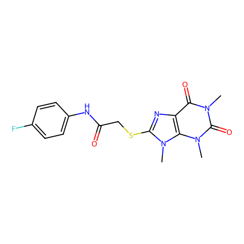 N-(4-fluorophenyl)-2-(1,3,9-trimethyl-2,6-dioxopurin-8-yl)sulfanylacetamide structure