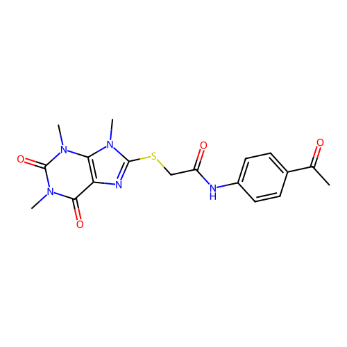 N-(4-acetylphenyl)-2-(1,3,9-trimethyl-2,6-dioxopurin-8-yl)sulfanylacetamide structure