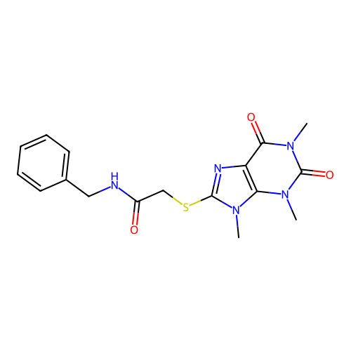 N-benzyl-2-(1,3,9-trimethyl-2,6-dioxopurin-8-yl)sulfanylacetamide structure