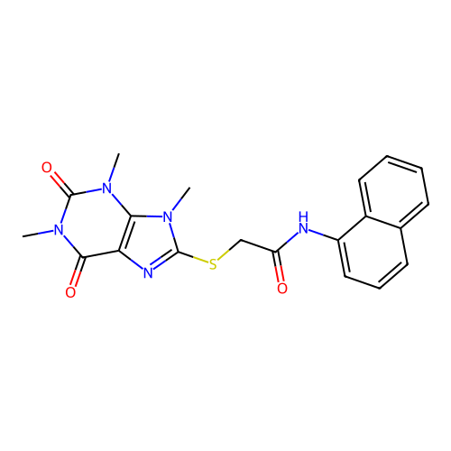N-naphthalen-1-yl-2-(1,3,9-trimethyl-2,6-dioxopurin-8-yl)sulfanylacetamide structure
