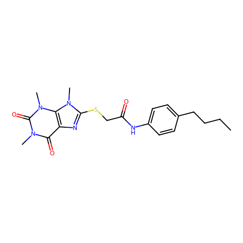 N-(4-butylphenyl)-2-(1,3,9-trimethyl-2,6-dioxopurin-8-yl)sulfanylacetamide structure