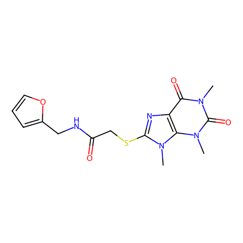 N-(furan-2-ylmethyl)-2-(1,3,9-trimethyl-2,6-dioxopurin-8-yl)sulfanylacetamide structure