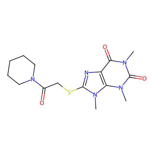 1,3,9-Trimethyl-8-(2-oxo-2-piperidin-1-ylethyl)sulfanylpurine-2,6-dione structure