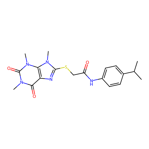 N-(4-propan-2-ylphenyl)-2-(1,3,9-trimethyl-2,6-dioxopurin-8-yl)sulfanylacetamide structure