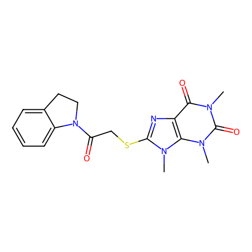 8-[2-(2,3-Dihydroindol-1-yl)-2-oxoethyl]sulfanyl-1,3,9-trimethylpurine-2,6-dione structure