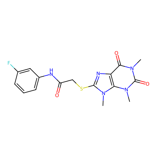 N-(3-fluorophenyl)-2-(1,3,9-trimethyl-2,6-dioxopurin-8-yl)sulfanylacetamide structure