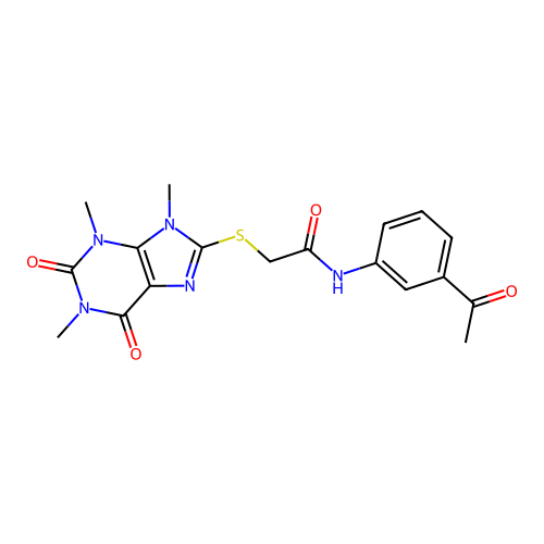 N-(3-acetylphenyl)-2-(1,3,9-trimethyl-2,6-dioxopurin-8-yl)sulfanylacetamide structure