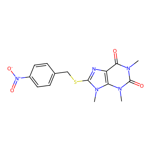 1,3,9-Trimethyl-8-[(4-nitrophenyl)methylsulfanyl]purine-2,6-dione structure