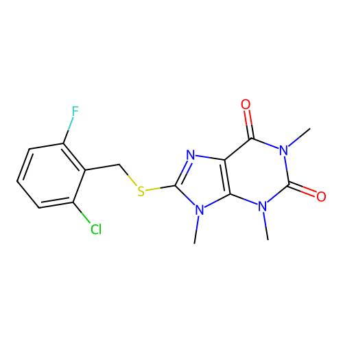 8-[(2-Chloro-6-fluorophenyl)methylsulfanyl]-1,3,9-trimethylpurine-2,6-dione structure
