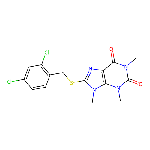 8-[(2,4-Dichlorophenyl)methylsulfanyl]-1,3,9-trimethylpurine-2,6-dione structure