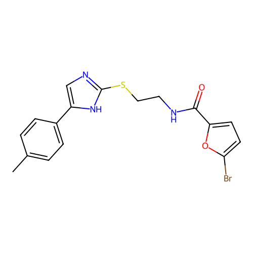 5-bromo-N-(2-((5-(p-tolyl)-1H-imidazol-2-yl)thio)ethyl)furan-2-carboxamide structure