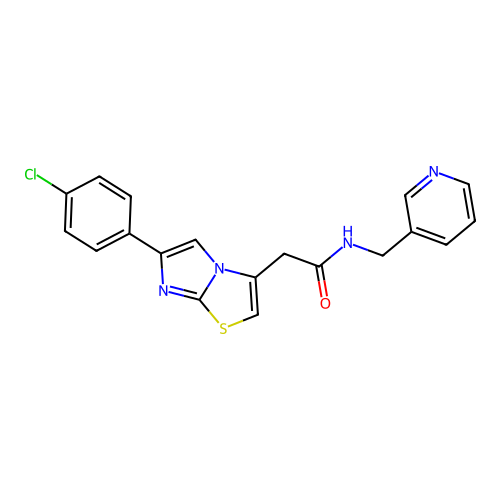 2-[6-(4-chlorophenyl)imidazo[2,1-b][1,3]thiazol-3-yl]-N-[(pyridin-3-yl)methyl]acetamide structure