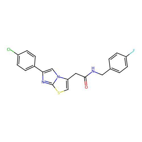 2-[6-(4-chlorophenyl)imidazo[2,1-b][1,3]thiazol-3-yl]-N-[(4-fluorophenyl)methyl]acetamide structure