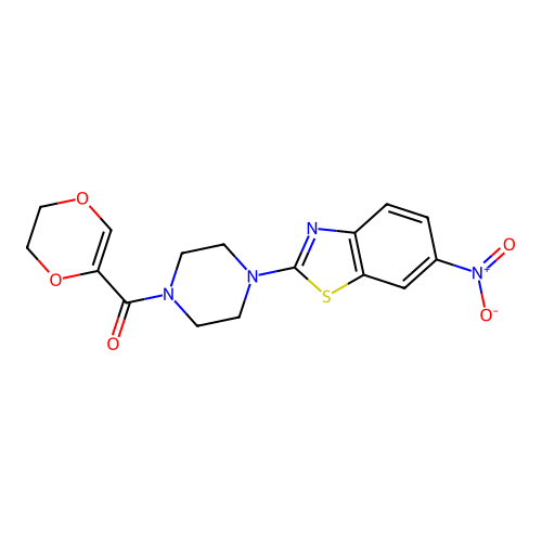2-[4-(5,6-dihydro-1,4-dioxine-2-carbonyl)piperazin-1-yl]-6-nitro-1,3-benzothiazole structure
