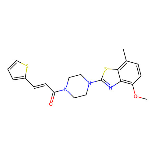 (2E)-1-[4-(4-methoxy-7-methyl-1,3-benzothiazol-2-yl)piperazin-1-yl]-3-(thiophen-2-yl)prop-2-en-1-one structure