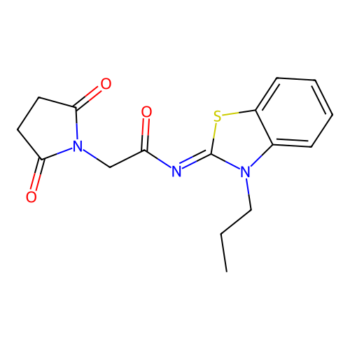 2-(2,5-dioxopyrrolidin-1-yl)-N-(3-propyl-1,3-benzothiazol-2-ylidene)acetamide structure