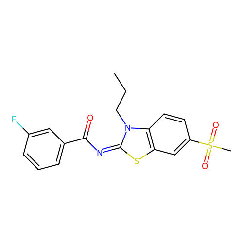 3-fluoro-N-(6-methylsulfonyl-3-propyl-1,3-benzothiazol-2-ylidene)benzamide structure