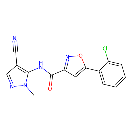 5-(2-chlorophenyl)-N-(4-cyano-2-methylpyrazol-3-yl)-1,2-oxazole-3-carboxamide structure