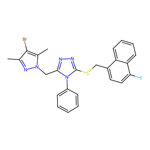3-[(4-bromo-3,5-dimethylpyrazol-1-yl)methyl]-5-[(4-fluoronaphthalen-1-yl)methylsulfanyl]-4-phenyl-1,2,4-triazole structure