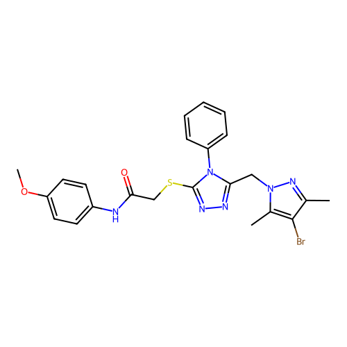 2-({5-[(4-bromo-3,5-dimethyl-1H-pyrazol-1-yl)methyl]-4-phenyl-4H-1,2,4-triazol-3-yl}sulfanyl)-N-(4-methoxyphenyl)acetamide structure