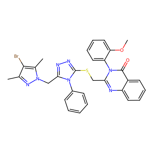 2-[[5-[(4-bromo-3,5-dimethylpyrazol-1-yl)methyl]-4-phenyl-1,2,4-triazol-3-yl]sulfanylmethyl]-3-(2-methoxyphenyl)quinazolin-4-one structure