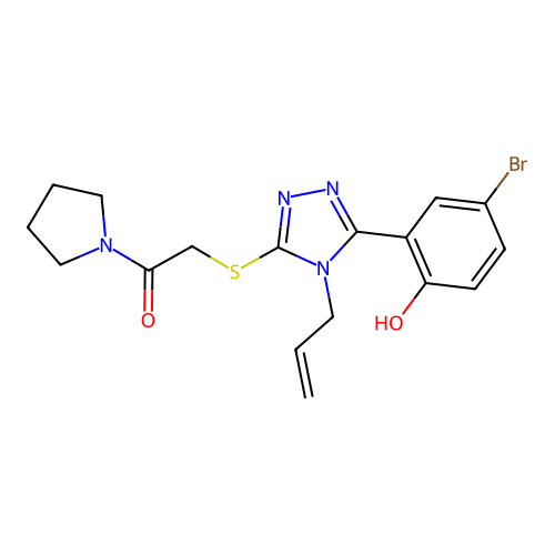 2-((4-allyl-5-(5-bromo-2-hydroxyphenyl)-4H-1,2,4-triazol-3-yl)thio)-1-(pyrrolidin-1-yl)ethanone structure