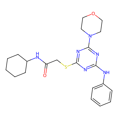2-[(4-anilino-6-morpholin-4-yl-1,3,5-triazin-2-yl)sulfanyl]-N-cyclohexyl-acetamide structure