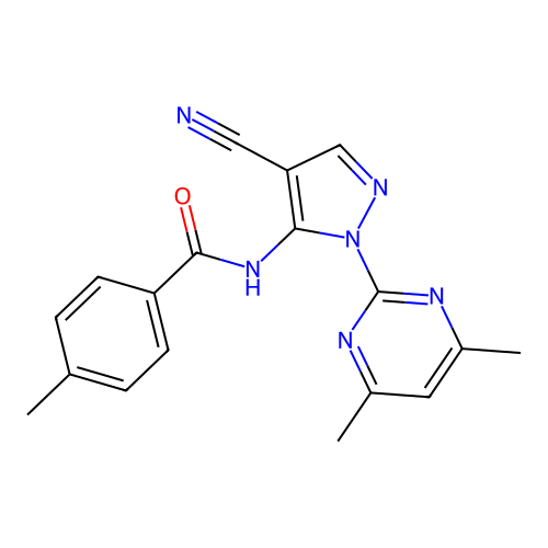 N-[4-cyano-2-(4,6-dimethylpyrimidin-2-yl)pyrazol-3-yl]-4-methylbenzamide structure