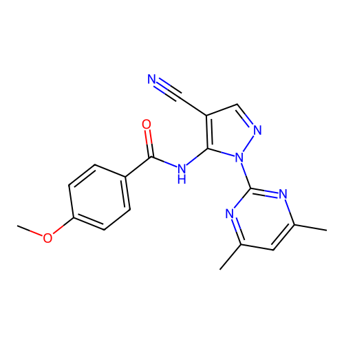 N-(4-cyano-1-(4,6-dimethylpyrimidin-2-yl)-1H-pyrazol-5-yl)-4-methoxybenzamide structure