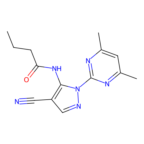 N-[4-cyano-1-(4,6-dimethylpyrimidin-2-yl)-1H-pyrazol-5-yl]butanamide structure