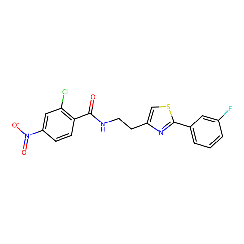 2-chloro-N-{2-[2-(3-fluorophenyl)-1,3-thiazol-4-yl]ethyl}-4-nitrobenzamide structure