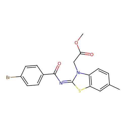 Methyl 2-[2-(4-bromobenzoyl)imino-6-methyl-1,3-benzothiazol-3-yl]acetate structure