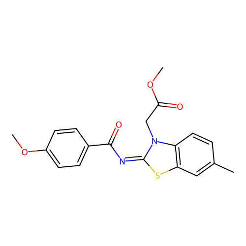 Methyl 2-[2-(4-methoxybenzoyl)imino-6-methyl-1,3-benzothiazol-3-yl]acetate structure