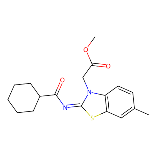 (Z)-methyl 2-(2-((cyclohexanecarbonyl)imino)-6-methylbenzo[d]thiazol-3(2H)-yl)acetate structure