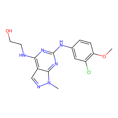 2-({6-[(3-chloro-4-methoxyphenyl)amino]-1-methyl-1H-pyrazolo[3,4-d]pyrimidin-4-yl}amino)ethanol structure