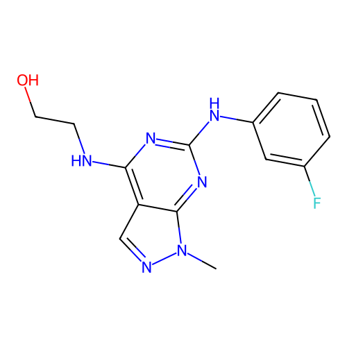 2-((6-((3-fluorophenyl)amino)-1-methyl-1H-pyrazolo[3,4-d]pyrimidin-4-yl)amino)ethanol structure