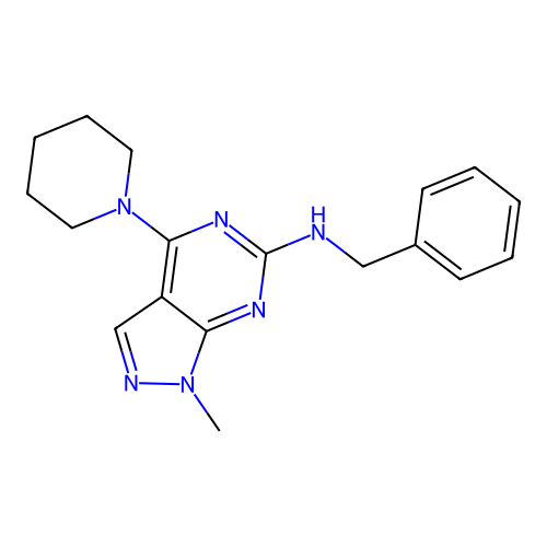 N-benzyl-1-methyl-4-(piperidin-1-yl)-1H-pyrazolo[3,4-d]pyrimidin-6-amine structure
